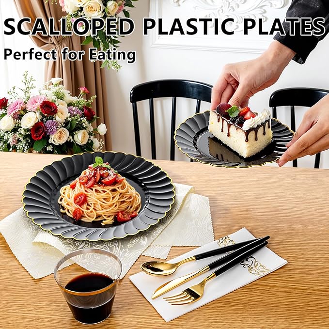 Ciaell 175 PCS Black Scalloped Plastic Plates with Gold Trim - Black Plastic Silverware with Handle - Fancy High-End Dinnerware Sets for Wedding & Party