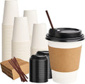 RACETOP 12 oz 100 Pack Disposable Paper Coffee Cups with Lids, Sleeves and Stirrers, Hot Cups, Paper Cups with Lids, Sleeves and Stirrers, Ideal for Home/Office