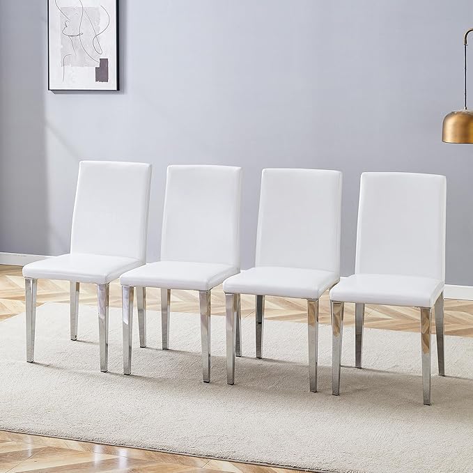 White Dining Chairs Set of 4,Faux Leather with Chrome Plate Metal Legs,Armless Kitchen Room Chairs Set of 4,Max Load 300 Lbs,High Back Modern Design for Home Kitchen Living Room Bedroom