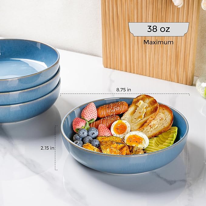 GBHOME 8.75'' Large Ceramic Pasta Bowls, 38oz Stoneware Pasta Serving Bowls Set of 4 for Kitchen, Wide Bowls for Fruit,Pasta,Salad,Oatmeal,Meal, Microwave Safe, Reactive Glaze-Alaskan Blue