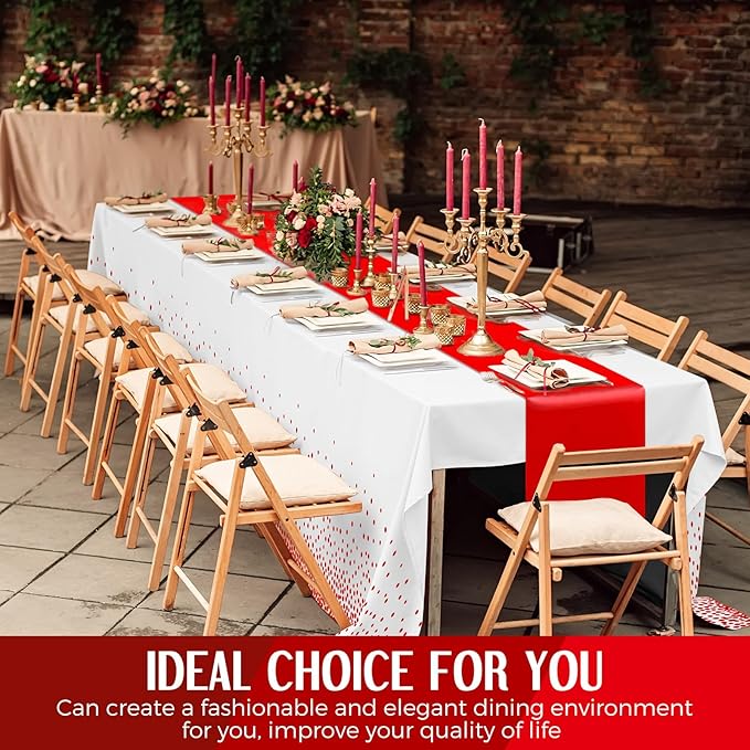 Breling 24 Pack White and Red Disposable Plastic Tablecloths and Satin Table Runner Set, 54 x 108 Inch Tablecloth, 12 x 108 Inch Table Runners for Wedding Graduation Birthday Baby Shower