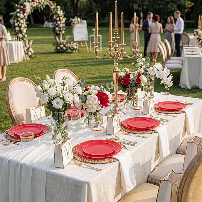 WDF 150Pcs Red Plastic Plates - Red Plates Disposable - 25Guest Christmas Dinnerware Include 25 Dinner Plate, 25 Dessert Plate, 75 Cutlery & 25 9oz Cups for Parties Valentine's Day