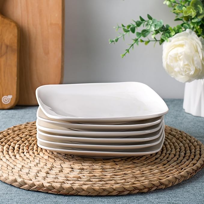 DELLING Appetizer Plates - 6.5 in Ceramic Small Plates for Dessert -Square Serving Plates - White Kitchen Dinnerware Dishes Set for Snacks, Appetizer, Side Dishes- Serving Platter Set of 6