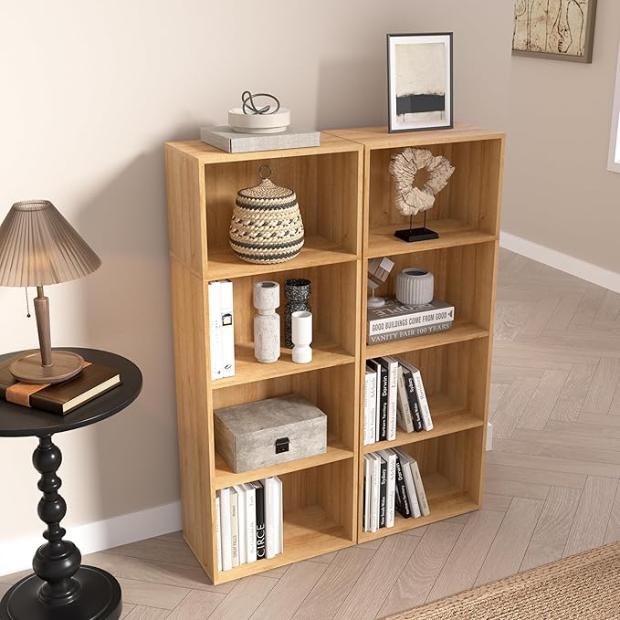 Wooden 4 Cube Storage Organizer, 4 Tier Tall Modern Bookshelf Freestanding Storage Display Organizer, Versatile Cubes Shelf and Cubby Unit for Living Room, Bedroom, Home Office 15.7inch