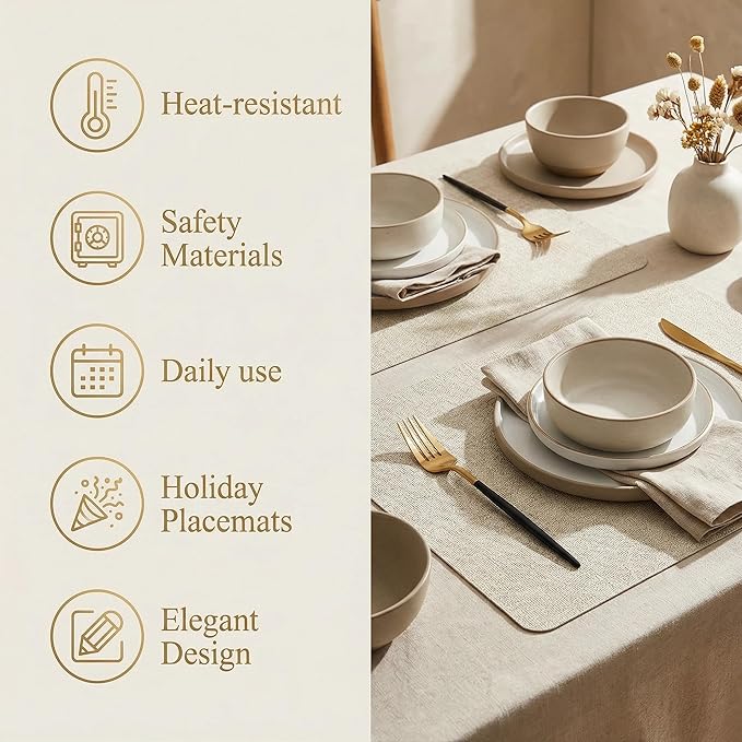 Faux Leather Placemats Set of 6, 17×12 Inch Waterproof Wipeable PU Place Mats Heat Resistant Anti Slip Dining Table Place Mats for Kitchen Dining Indoor & Outdoor Use (Beige)