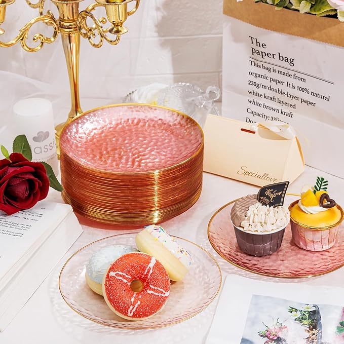 Rubtlamp 60 Pcs Pink Gold Plastic Plates, Gold Hammered Disposable Salad Plates, 7 Inch Disposable Dessert Platos, Plastic Dessert Appetizer Platos Perfect for Mother's Day