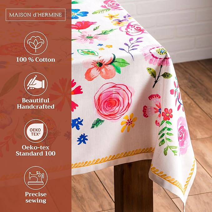 Maison d' Hermine Table Cloth Square Table 100% Cotton 60 x 60 Inches Tablecloth Reusable Decorative for Dining Room Farmhouse Home Valentines Day Decorations Spring Summer - Happy Florals - Sweety