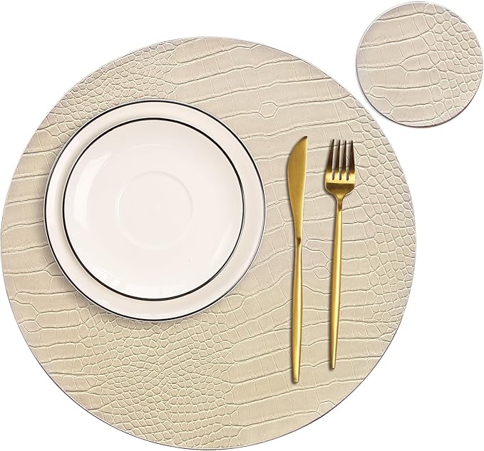 Jovono Round Leather Placemats for Round Tables Set of 6, Beige Place Mats and Coasters, Wipeable Waterproof Heat Resistant Table Mats Easy to Care for Indoor Decor 14 inch Diameter