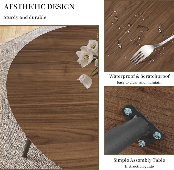 43.3 Inch Round Dining Table Set for 4, Modern Small Kitchen Coffee Set for Dining Room Kitchen Apartment (Walnut Table + 4 Brown Chairs)