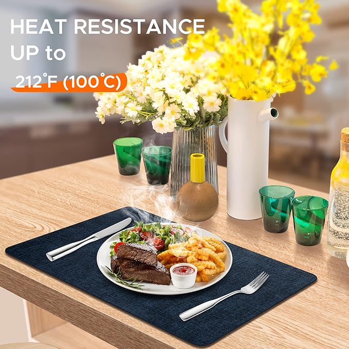 Placemats Set of 12 Washable, Heat Resistant Table Placemats Wipeable Faux Leather Place Mats Non Slip, Waterproof Square Table Mats for Indoor Outdoor, Dark Blue