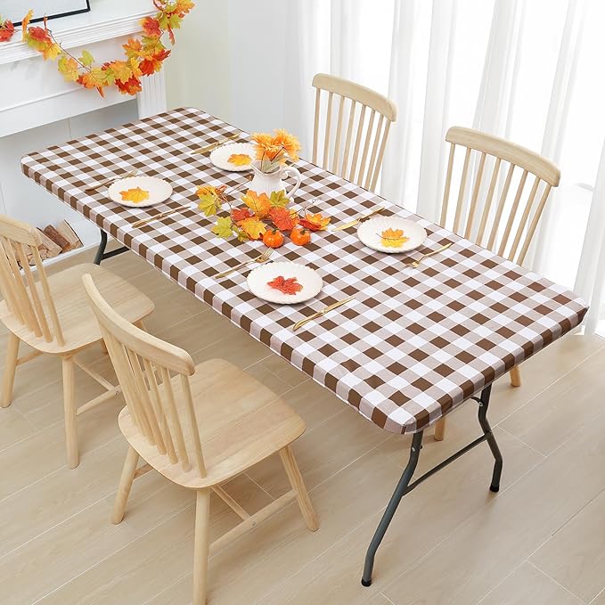 Smiry Rectangle Picnic Table Cloth, Elastic Waterproof Fitted Vinyl Tablecloths, Flannel Backed Buffalo Plaid Table Covers for Dining, Camping, Outdoor (White and Brown, 24" x 48")
