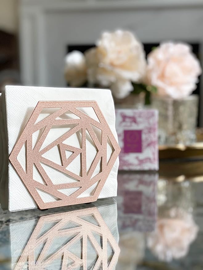 Rose Gold Metal Upright Napkin Holder | Cutout Rose Silhouette Design | Kitchen Counter Tissue Dispenser Home Restaurant Hotel Décor