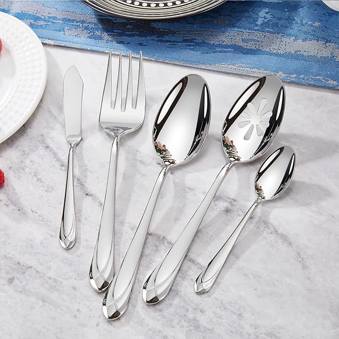 KEAWELL Premium Astra Flatware Set, 65-Piece for 12, Mirror-Finished 18/10 Stainless Steel Silverware, Modern Cutlery Dishwasher Safe for Meals and Gatherings (65, Silver)