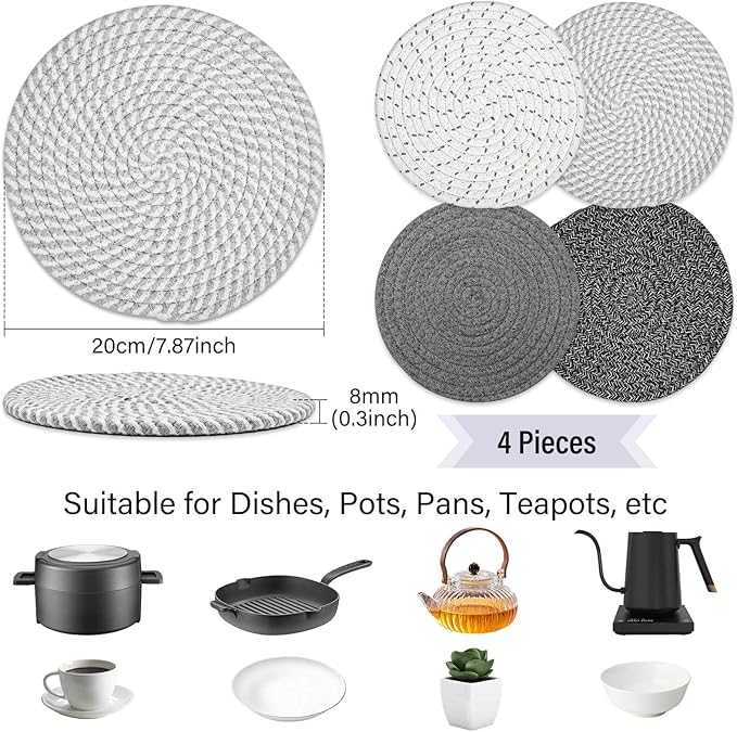 8" Trivets Set for Hot Dishes, 4 Heat Resistant Pot Holders Kitchen Counter, Table, Home Essentials, Anti Stain Hot Pads Plate Mats for Hot pots and Pans