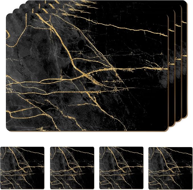 Set of 4 Heat Resistant Cork Placemats for Dining Table with Free Set of 4 Matching Drink Coasters Marble Design 16 x 12 Inches Cork Backed Hard Placemats (Black & Gold)