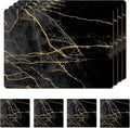 Set of 4 Heat Resistant Cork Placemats for Dining Table with Free Set of 4 Matching Drink Coasters Marble Design 16 x 12 Inches Cork Backed Hard Placemats (Black & Gold)