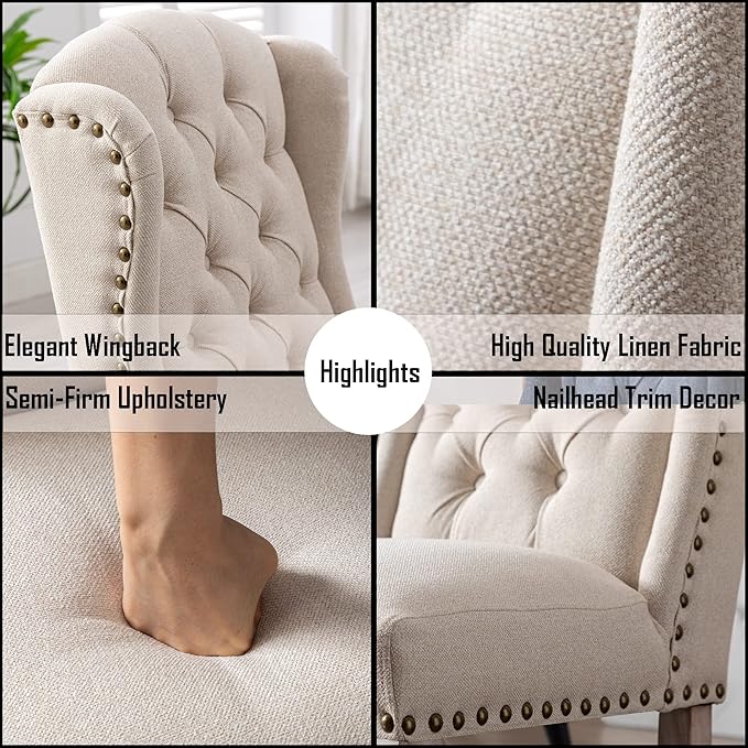 Dining Chairs Set of 4 Farmhouse Linen Fabric Upholstered Accent Chairs Tufted Wingback Host Side Chair for Kitchen/Dining Room/Living Room/Bedroom, Cream