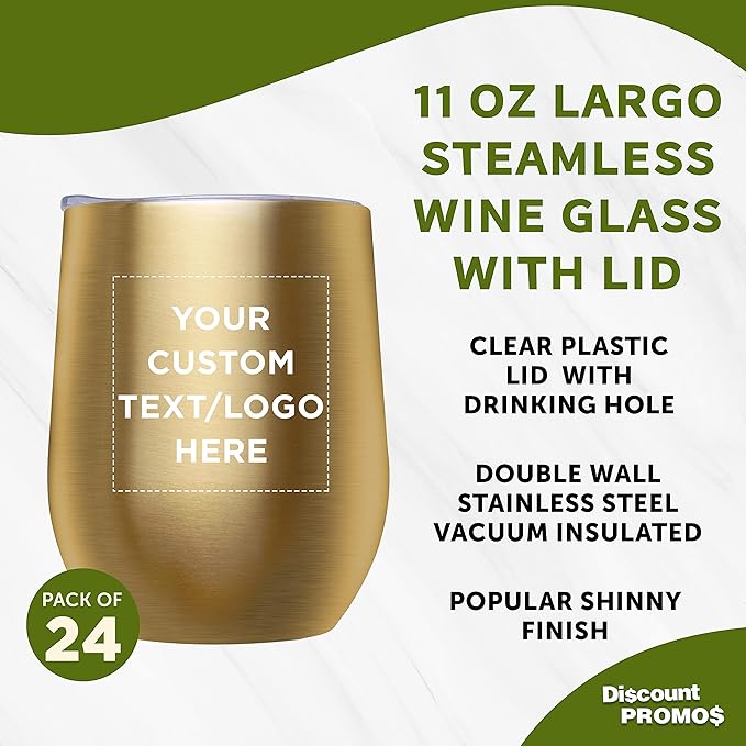 Custom Stemless Wine Glass Tumblers with Lids by Largo 11 oz. Set of 24, Personalized Bulk Pack - Perfect for Wine, Cocktails, Other Hot & Cold Beverages - Gold