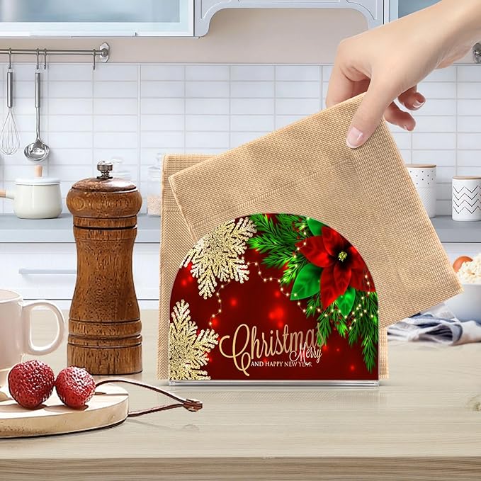 Napkin Holder Christmas Poinsettia and Snowflakes Crystal Clear Acrylic Napkin Holders Paper Napkin Holder Dining Table Dispenser for Kitchen Restaurant Home Decor Bar Accessories