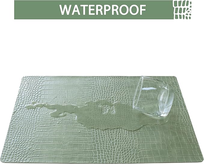 Jovono Faux Leather Placemats Set of 6, Waterproof Heat Resistant Dinner Place Mats for Dining Table, Non-Slip Crocodile Embossed, Green (17.8x11.8 Inch)