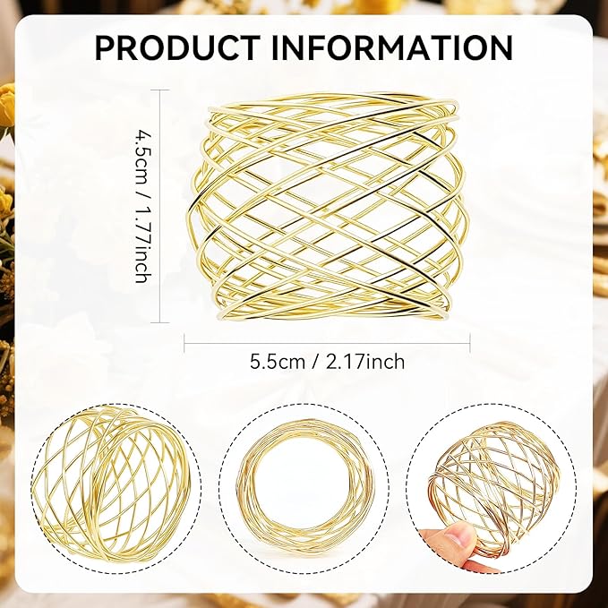 Gold Napkin Rings, Thanksgiving Christmas Napkin Rings Set of 12, Nickel-Plated Steel Table Decor for Festival Party - Mesh Shape