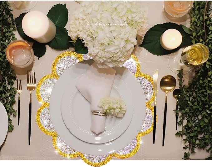 Washable Waterproof Diamond Circle Placemats for Round Tablescape Decor for Dinner and Kitchen Bling Placemats for Weddings & Special Events-2PCS (Yellow)
