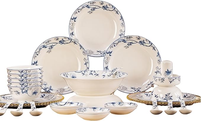 38 Pcs Fine Bone China Dinnerware Set,Porcelain&Ceramic Dinnerware Sets,Bone Stoneware & Ceramic Cookware Tableware Set Includes Dinner Plates|Spoons|Pasta Bowls|Soup Pot|Chopsticks