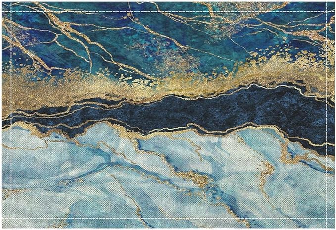 Marble Linen Placemats Set of 4, 12x17 Inch Modern Abstract Foil Texture White Blue Gold Marble Table Mats Washable Fabric Place for Party Kitchen Wedding Dining Banquets Decor