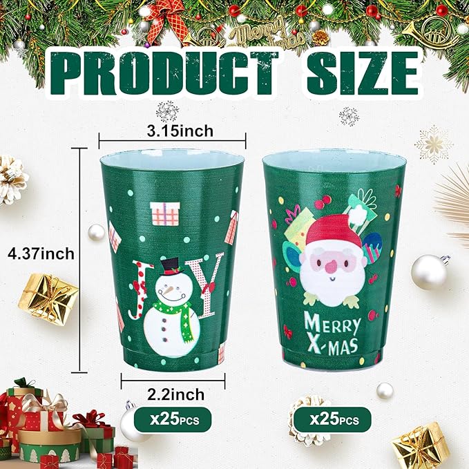 I00000 50Pcs 12oz Snowman Pattern Design Christmas Plastic Cups, Premium Disposable Cups, Green Xmas Party Cup with Santa Claus Pattern Design, Perfect for Christmas Party
