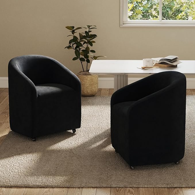 Modern Barrel Dining Chair with Rolling Casters, Upholstered Velvet Swivel Dining Room Chair with Wheels for Kitchen Living Room Home Office, Black