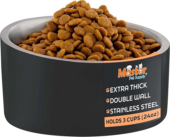 Master Pet Supply Stainless Steel Slanted Dog Cat Food Bowl - 24 oz Heavy Duty - Black Velvet, Double Wall Insulated, Non-Slip Elevated Bowl for French Bulldogs Pugs Cats, Anti Rust Dishwasher Safe