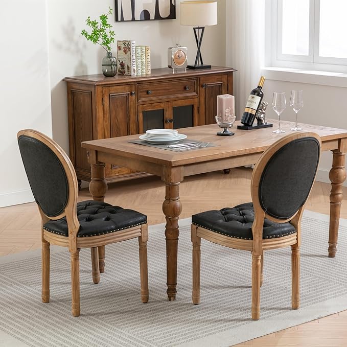 Ball & Cast French Vintage Upholstered Dining Chairs Set of 2, Button Tufted Kitchen Side-Chairs with Carved Antique Wood Frame & Nailhead Trims, PU-Leather Curved Backrest Louis Chair, PU Black