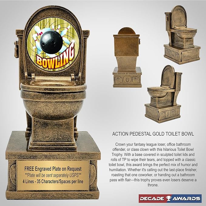 Decade Awards Action Pedestal Gold Toilet Bowl Trophy with Optional Inserts - Custom Engraved Plate On Request (7 Inch Tall)