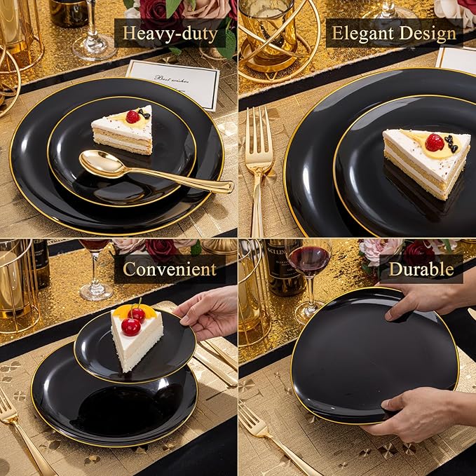 KIRE 200Pcs Black Plastic Plates - Black and Gold Plates Disposable for Party - Include 100 for Dinner and 100 for Dessert for Birthday/Wedding/New Year