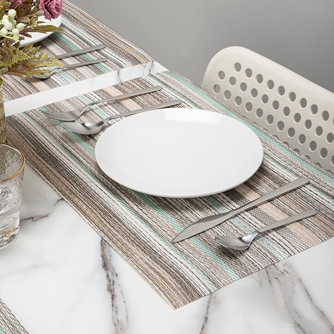 Winknowl Placemats Set of 6, Heat Resistant Non-Slip Vinyl Woven Table Mats for Dining Table, Washable Durable Elegant Place Mats for Kitchen Indoor/Outdoor Use (Teal Green)