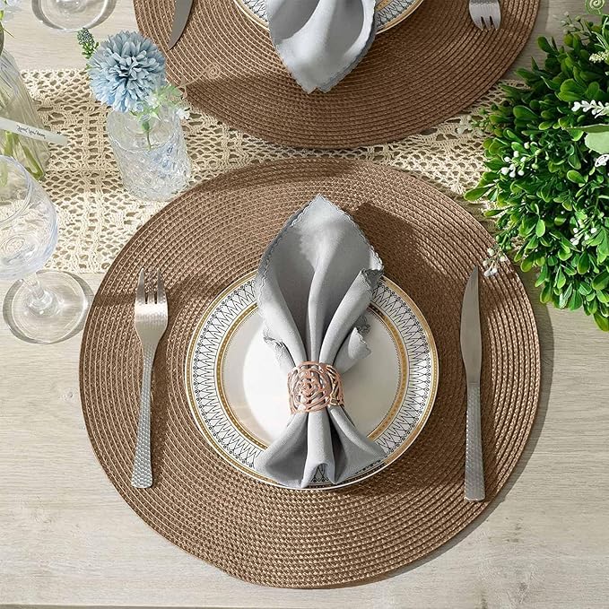 AHHFSMEI Round Braided Placemats 15 Inch Round Table Mats for Dining Tables Natural Woven Heat Resistant Place mats Set of 6 (Brown A)