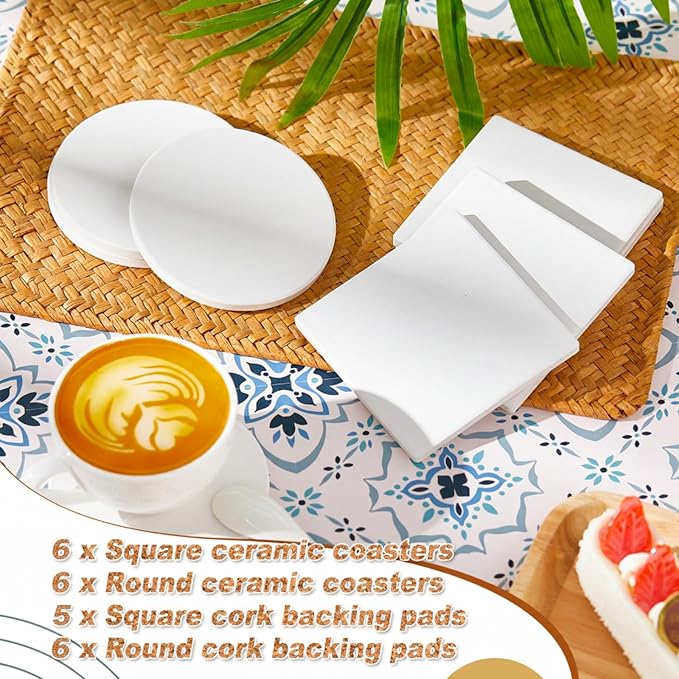 Zopeal 96 Pcs Ceramic Tiles for Crafts Coasters Include Unglazed White Ceramic Tiles with Cork Backing Pads Use with Alcohol Ink Acrylic Pouring for DIY Project Gift (Square,Round)