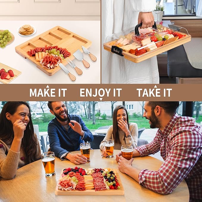 Charcuterie Board with Lid and Handle - Portable Travel Design Bamboo Cheese Board Set with 4 Cheese Tools, Gift for Housewarming, Weddings, Picnics (6 Compartments, Black)