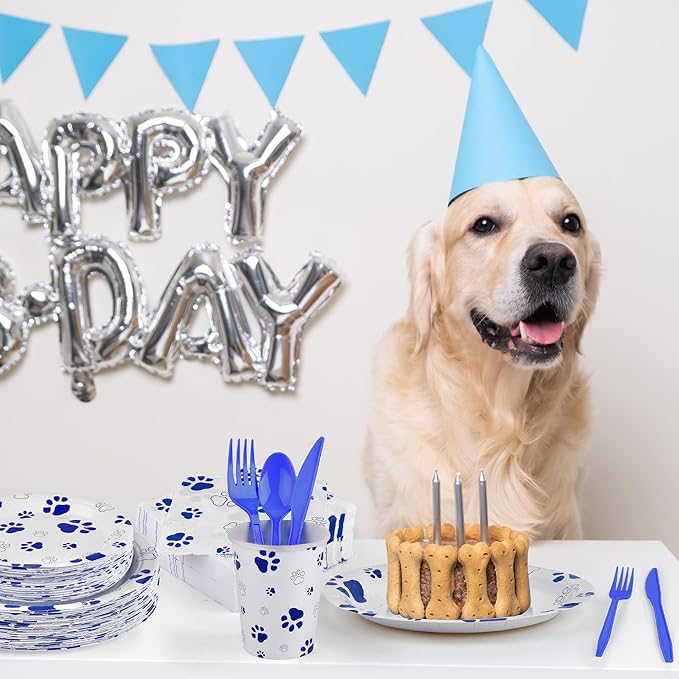 Kochorie 400 Pieces Blue Paw Disposable Party Tableware Sets Dog Puppy Supplies Including Plates Cups Napkins Cutlery Serves 50 for Birthday Puppy Theme Party Decorations