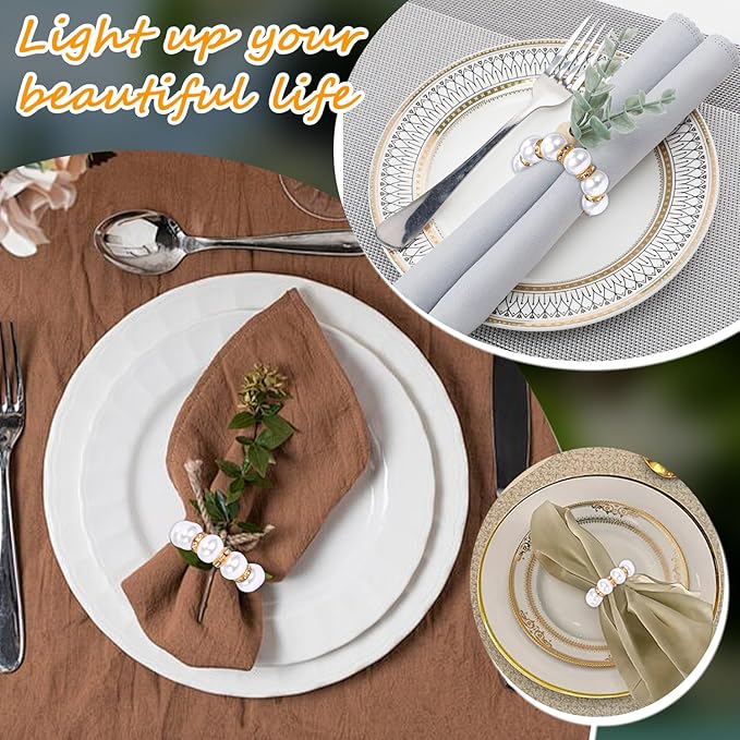 100Pcs Gold Disposable Imitation Pearl Napkin Rings, Exquisite White Gold Beaded Napkin Rings for Wedding Party Table Decoration and Daily Use