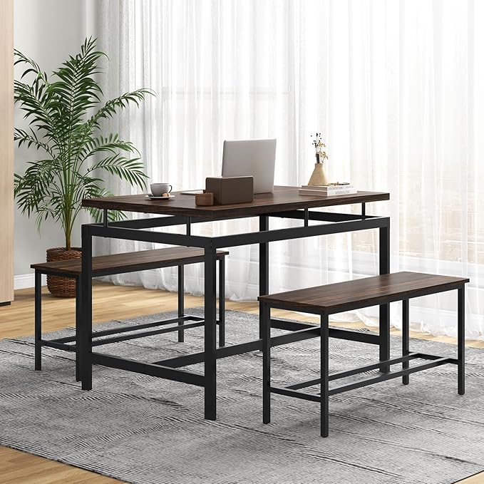 Giantex Kitchen Table Chairs Set of 3 - Dining Table Set for 4 with 2 Benches, Metal Frame, Space-Saving Dinette Table Set for 4, Small Places Breakfast Nook Table Set, Kitchen Table Set, Brown