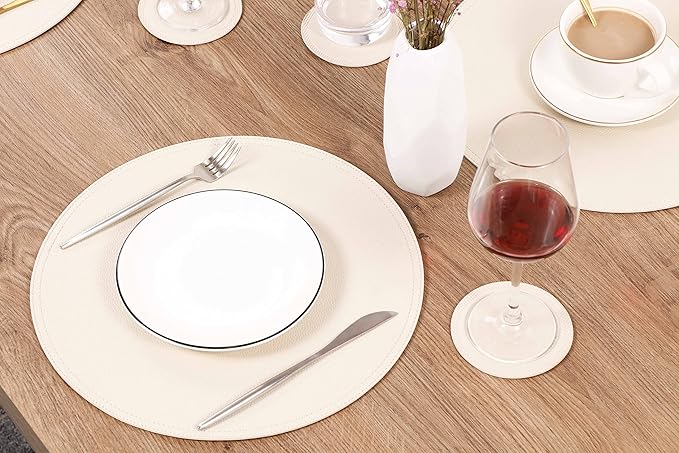 Set of 8 Faux Leather Round Placemats and Coasters, Coffee Mats Kitchen Table Mats, Waterproof, Easy to Clean for Kitchen Dining Round Table, 13 inch Beige