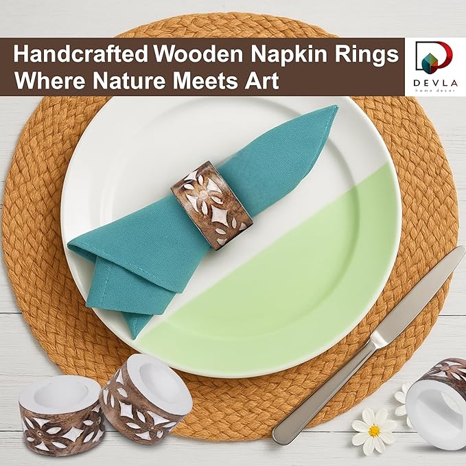 DEVLA Mango Wood Napkin Rings Set, Hand Carved & Hand Painted White Washed, 10 Pieces, Round Table Decor