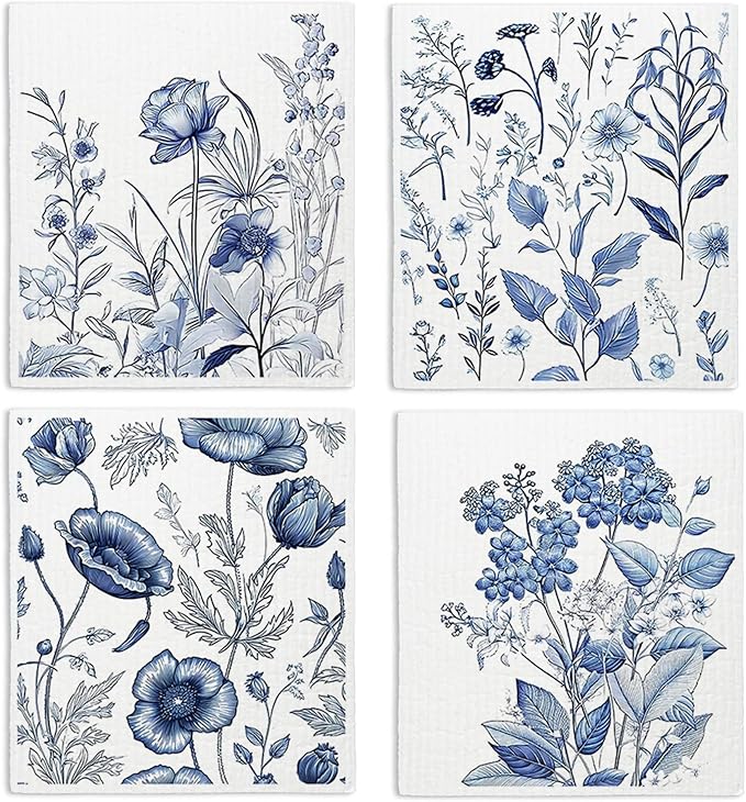 Spring Flower Swedish Dishcloths for Kitchen, Blue Swedish Dish Cleaning Cloths for Floral, Papaya Reusable Paper Towels, 4 Pack Dish Towels for Kitchen, Reusable Paper Dishcloths Washable