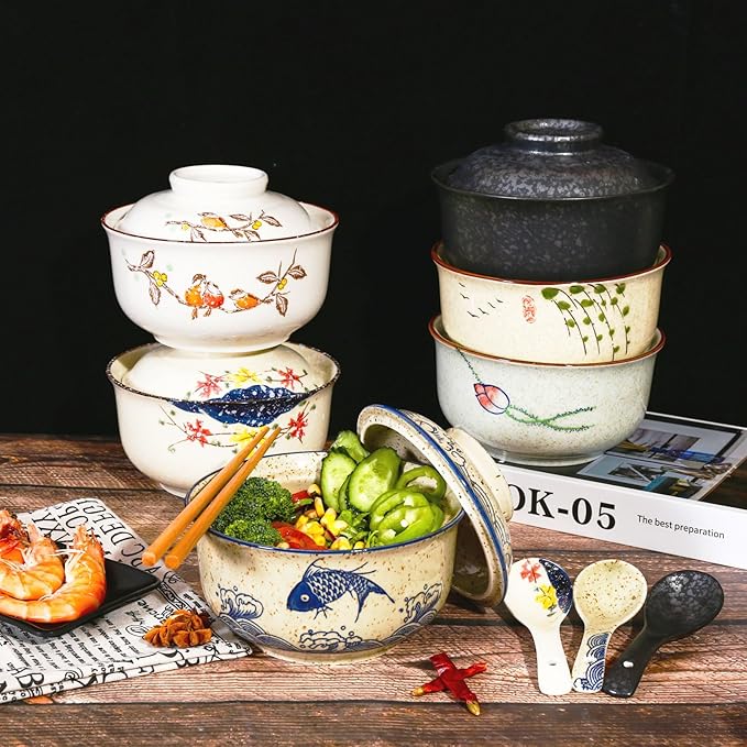 Ceramic Ramen Bowl Set, 800ml, with Lid, Spoon and Chopsticks, Japanese Vintage Large Soup Bowls Instant Noodle Bowl Asian Tableware (Fish*1)