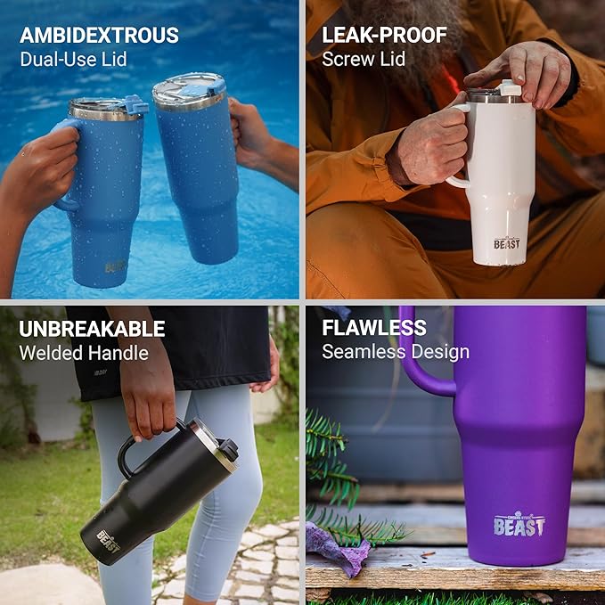 Beast 42 oz Tumbler with Handle Stainless Steel Vacuum Insulated Coffee Ice Cup Double Wall Travel Flask (Arctic White)