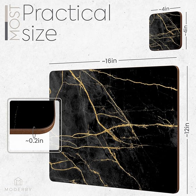 Set of 4 Heat Resistant Cork Placemats for Dining Table with Free Set of 4 Matching Drink Coasters Marble Design 16 x 12 Inches Cork Backed Hard Placemats (Black & Gold)