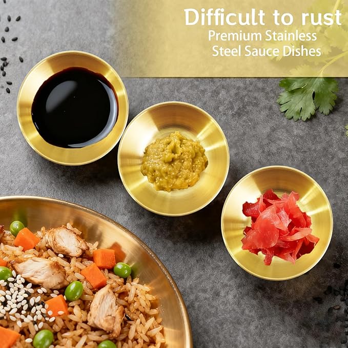 52 Pcs Metal Sauce Bowls 3.2 Inch Gold Mini Round Saucers Stainless Steel Seasoning Dishes Cups Small Sushi AppetizerBowls for Restaurant Kitchen Barbecues Dipping