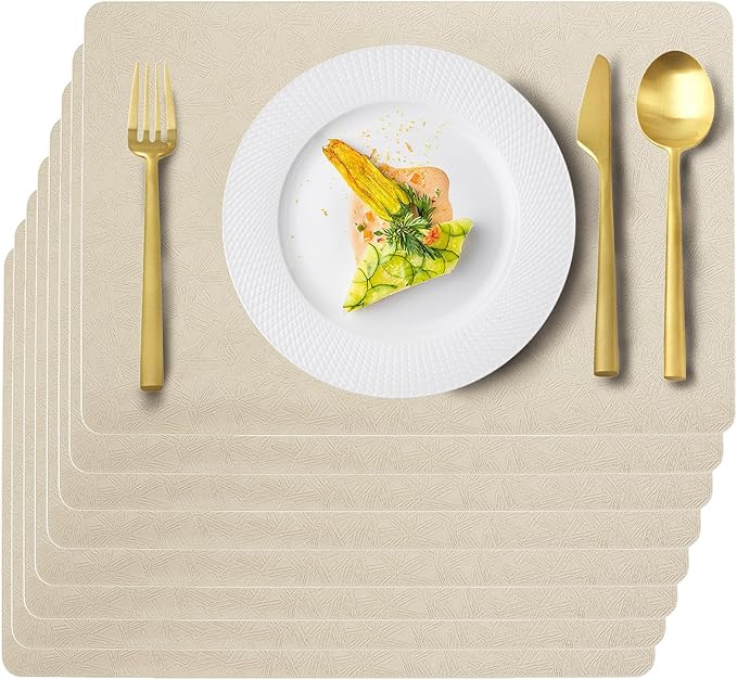 Vinyl Placemats Set of 8 Faux Leather 100% Waterproof Wipeable Washable Place Mats Heat Resistant Easy Clean Non-Slip Table Mats for Indoor Outdoor. (8,Beige)