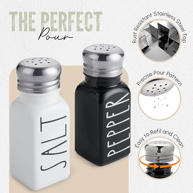 Salt and Pepper Shakers Set with Holder by Brighter Barns - Cute Modern Farmhouse Kitchen Decor, Table Decor - Vintage Glass Black White Shaker Set with Caddy and Stainless Steel Lids (Black/White)